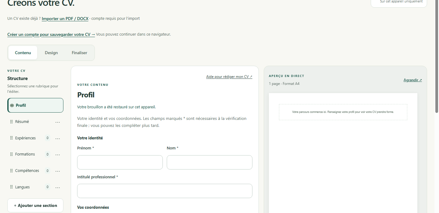 L'éditeur CVDraw, onglet Contenu : structure du CV section par section (Profil, Résumé, Expériences, Formations, Compétences, Langues) avec un aperçu en direct au format A4 à droite.