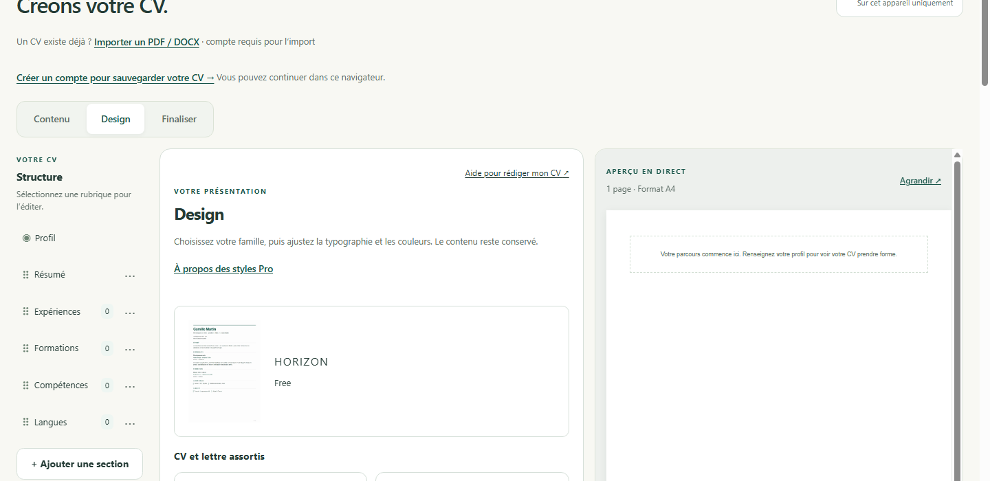 L'éditeur CVDraw, onglet Design : choix d'une famille de mise en page (Horizon) et déclinaisons CV et lettre assorties, avec un aperçu en direct au format A4 à droite.