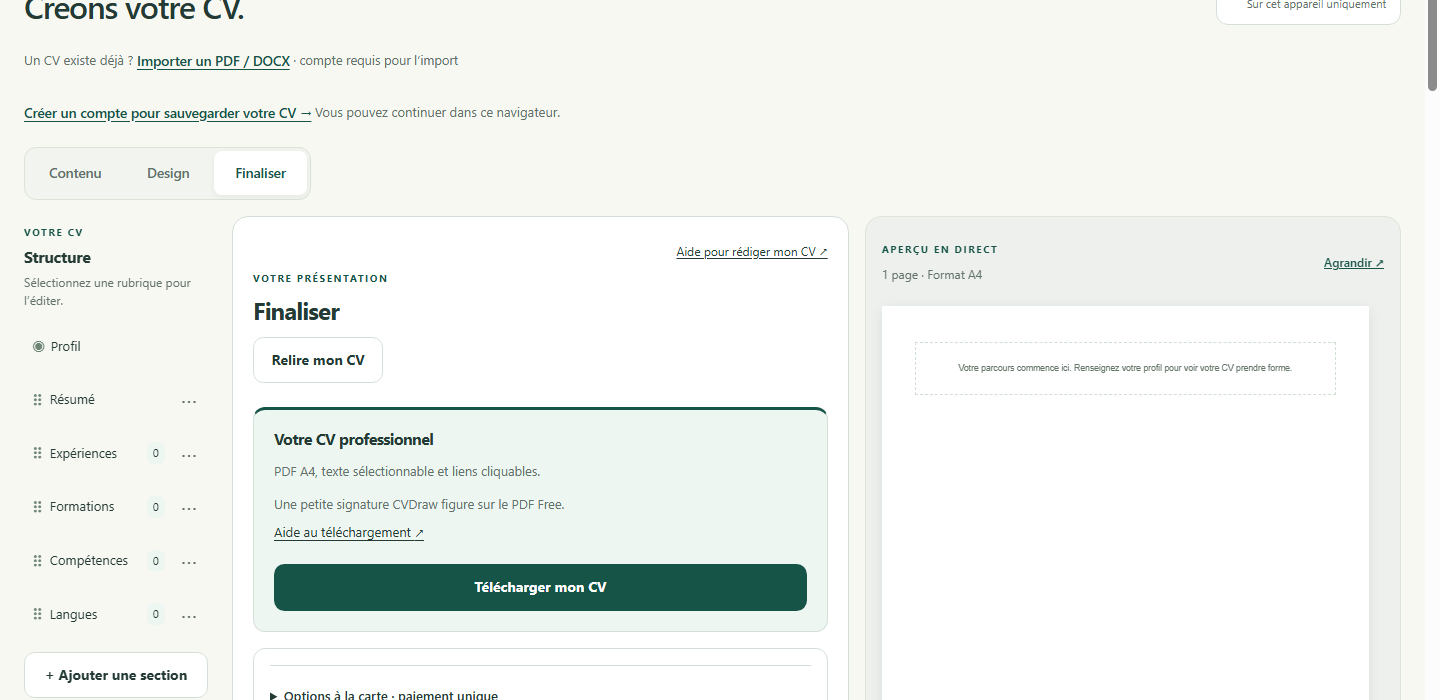 L'éditeur CVDraw, onglet Finaliser : téléchargement du CV au format PDF, avec la mention d'un PDF A4 au texte sélectionnable et aux liens cliquables.