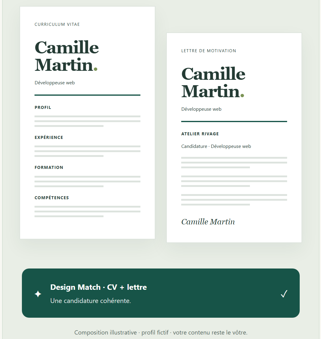 Aperçu de l'interface CVDraw : un CV et sa lettre de motivation assortie, générés côte à côte avec un indicateur de cohérence de mise en forme entre les deux documents.